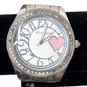Betsey Johnson Womens Silver Toned Link Band Analog Watch Pink Heart Rhinestones